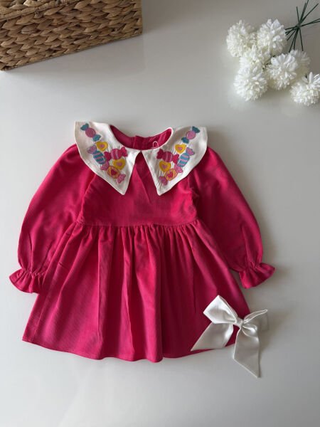 Asarkids Yakası Şeker Nakışlı Kadife Elbise - Pembe