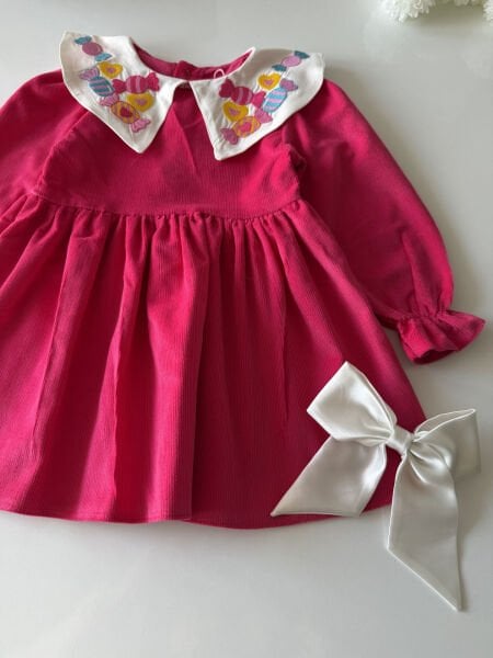 Asarkids Yakası Şeker Nakışlı Kadife Elbise - Pembe