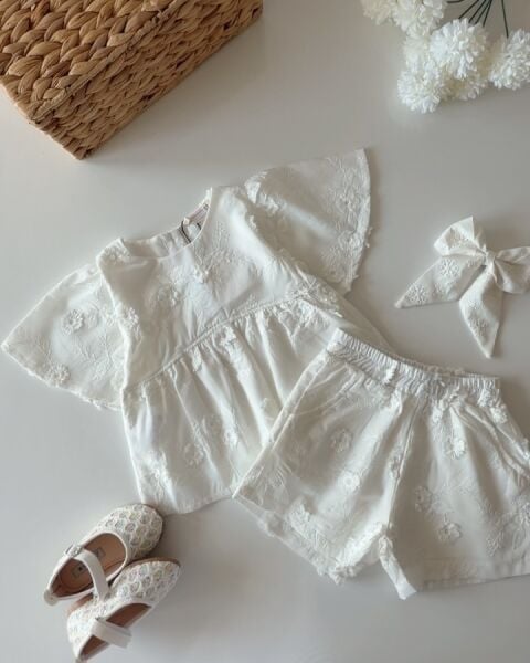 Asarkids Fistolu Bluz Şort 2'li Takım - Beyaz
