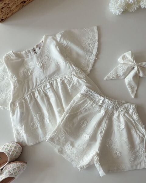 Asarkids Fistolu Bluz Şort 2'li Takım - Beyaz