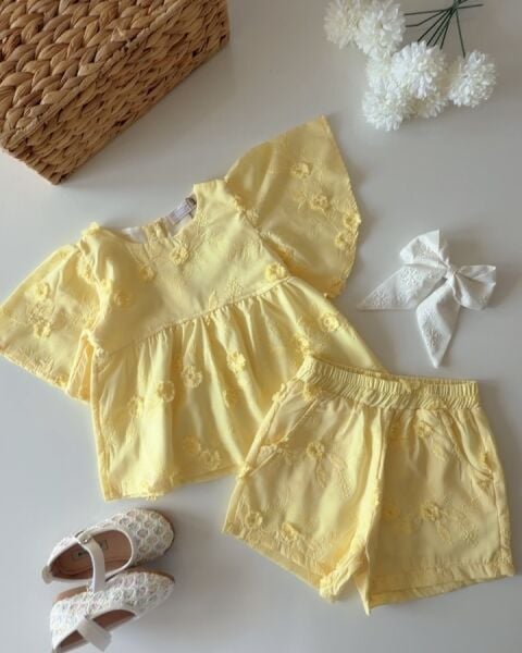 Asarkids Fistolu Bluz Şort 2'li Takım - Sarı