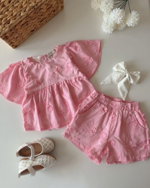 Asarkids Fistolu Bluz Şort 2'li Takım - Pembe