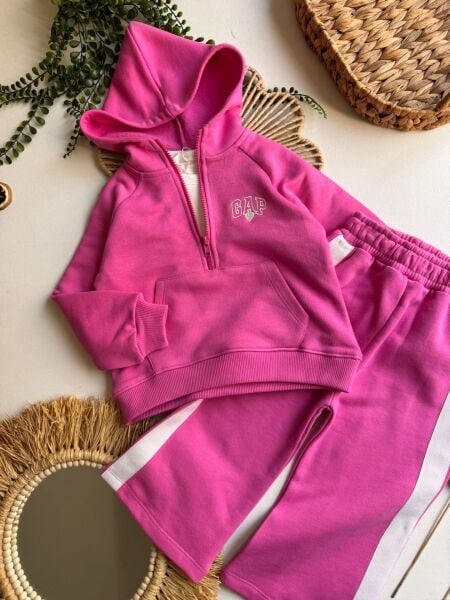 Logolu Yarım Fermuar Eşofman Takımı - Pembe