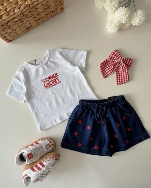 Asarkids Kalp Baskılı Şortlu 2'li Takım - Beyaz Koyu Mavi