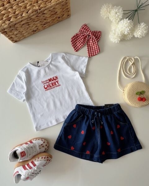 Asarkids Kalp Baskılı Şortlu 2'li Takım - Beyaz Koyu Mavi