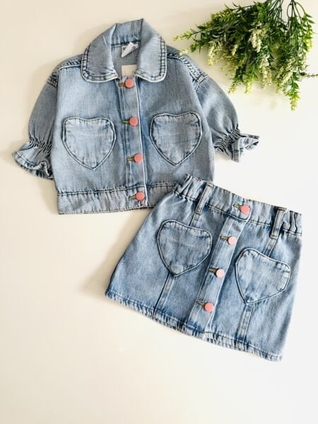 Kalp Düğmeli Denim Duru Takım - Mavi