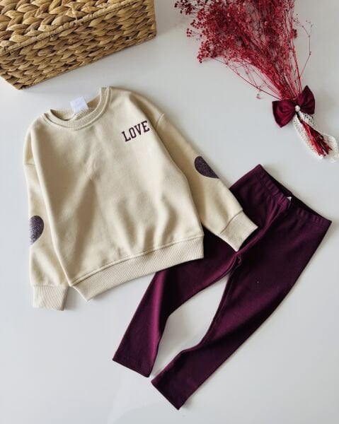 Kalp Desenli Taytlı Takım - Krem Bordo