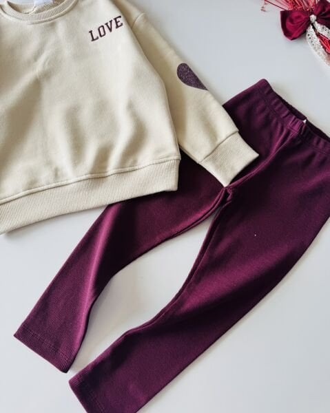 Kalp Desenli Taytlı Takım - Krem Bordo