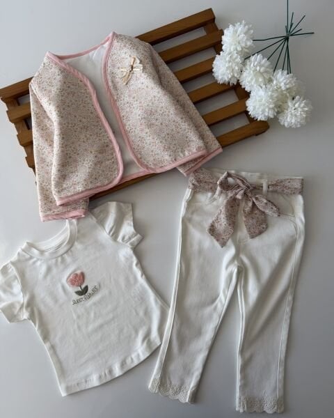 Asarkids Kapitone Ceketli 3’lü Takım - Beyaz - Pembe