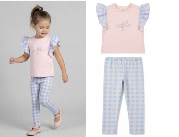 Asar Kids Fırfırlı Ekoseli Taytlı 2'li Takım - Mavi Pembe