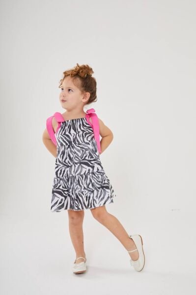 Zebra Desenli Bağcıklı Nehir Elbise - Krem Zebra