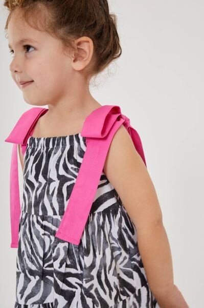 Zebra Desenli Bağcıklı Nehir Elbise - Krem Zebra