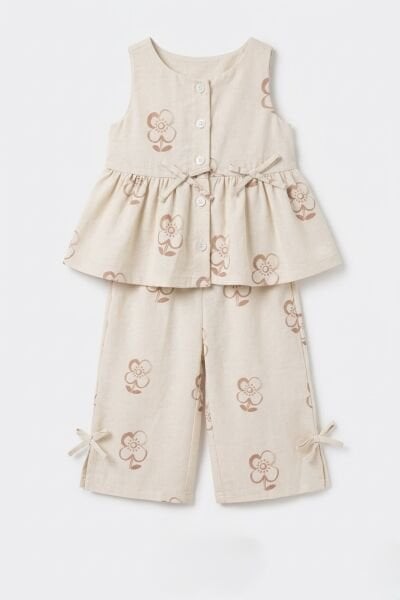 Asarkids Çiçek Baskılı Fiyonklu 2'li Set - Krem