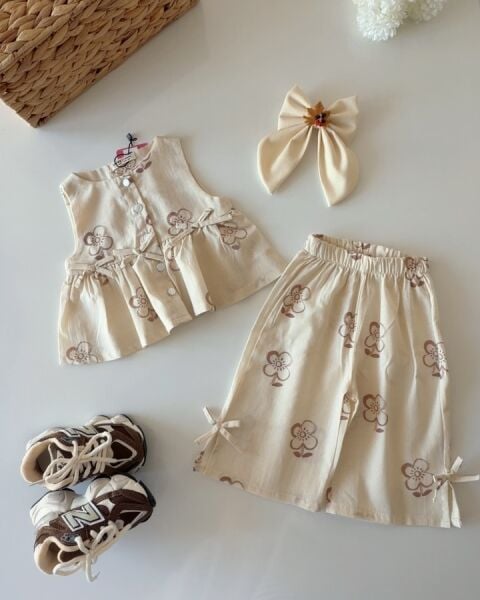 Asarkids Çiçek Baskılı Fiyonklu 2'li Set - Krem