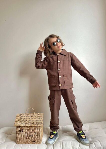Asarkids Keten Ceket Pantolon Takım - Kahve