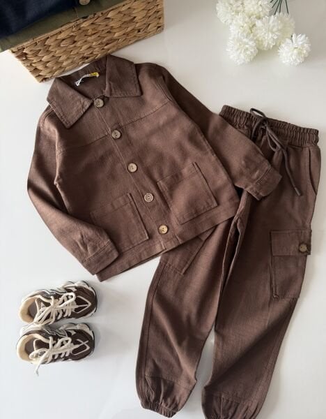 Asarkids Keten Ceket Pantolon Takım - Kahve