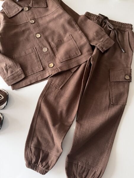 Asarkids Keten Ceket Pantolon Takım - Kahve