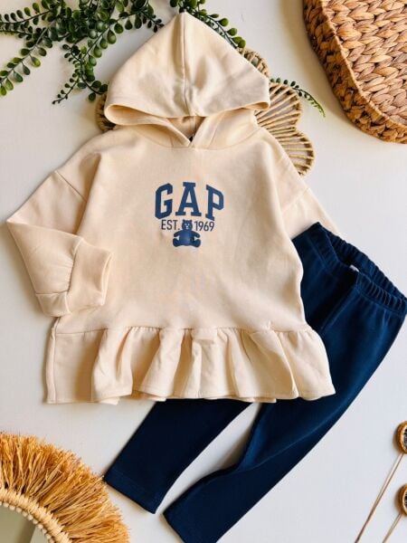 Ayıcık Baskılı Fırfırlı Taytlı Takım - Krem Lacivert