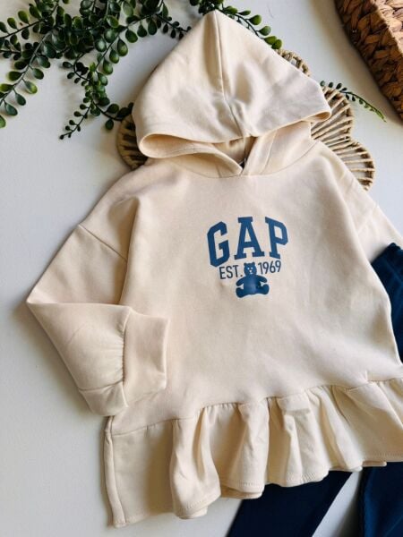 Ayıcık Baskılı Fırfırlı Taytlı Takım - Krem Lacivert