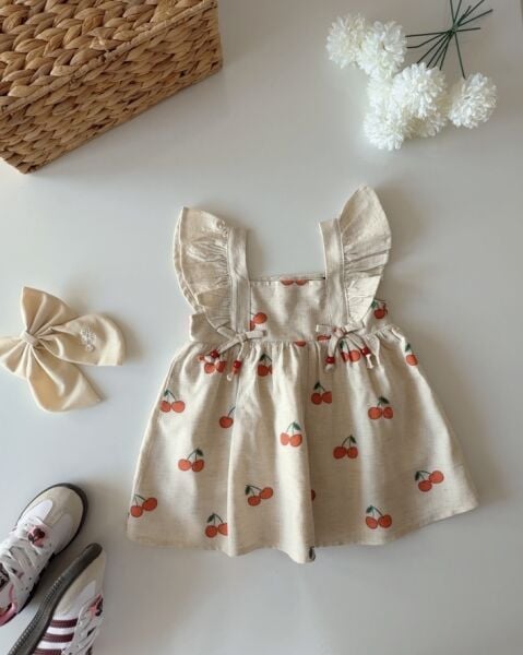 Asarkids Kiraz Baskılı Fiyonklu 2'li Set - Krem