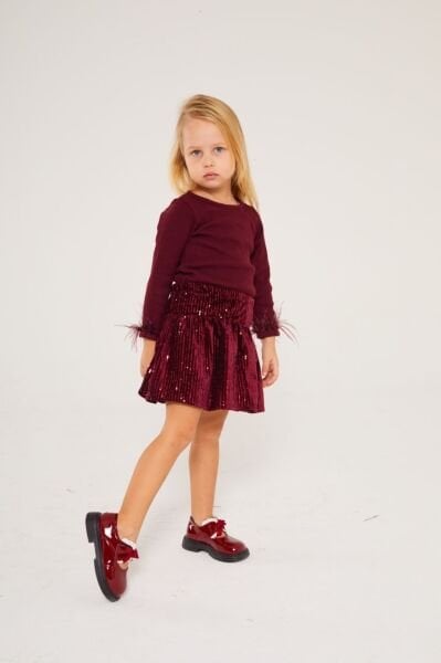 Kol Ucu Tüylü Pul Payet Etekli 2'li Takım - Bordo