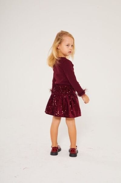 Kol Ucu Tüylü Pul Payet Etekli 2'li Takım - Bordo