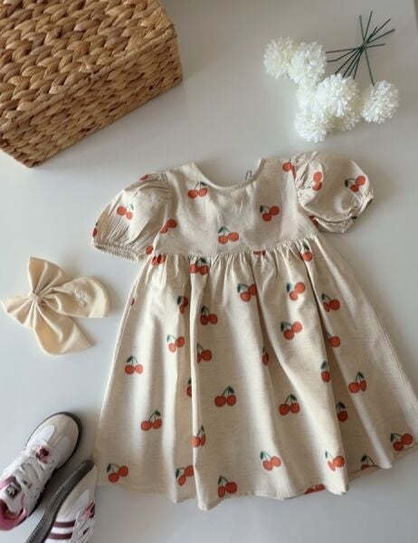 Asarkids Kiraz Baskılı Arkadan Bağlamalı Elbise - Krem