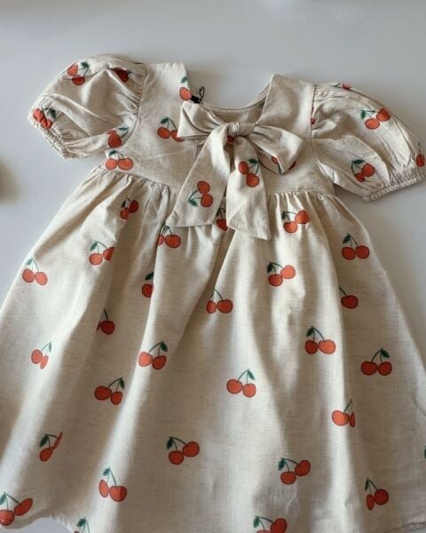 Asarkids Kiraz Baskılı Arkadan Bağlamalı Elbise - Krem