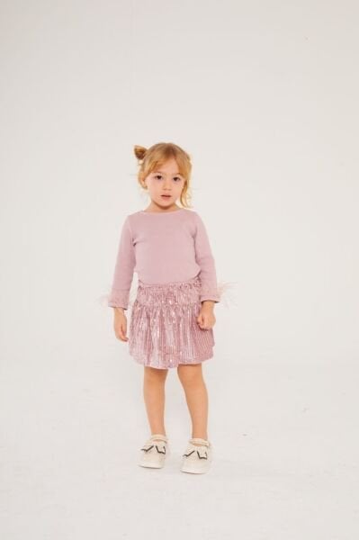 Kol Ucu Tüylü Pul Payet Etekli 2'li Takım - Pembe