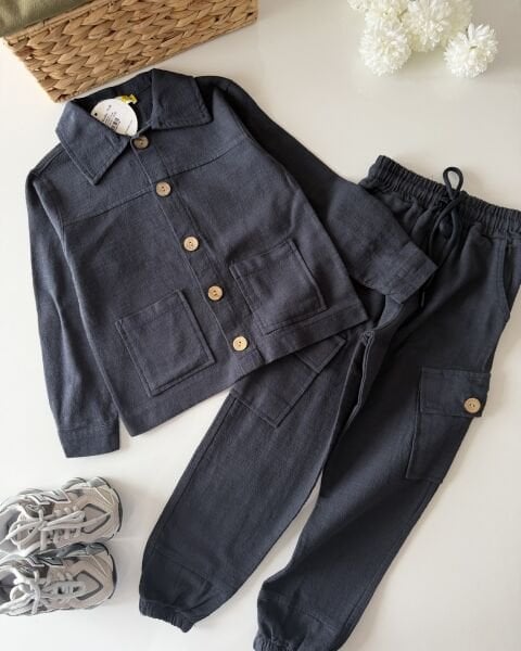 Asarkids Keten Ceket Pantolon Takım -Füme