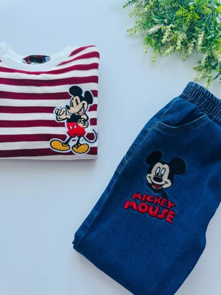 Denim Pantolon Çizgili Sweatshirt - Bordo