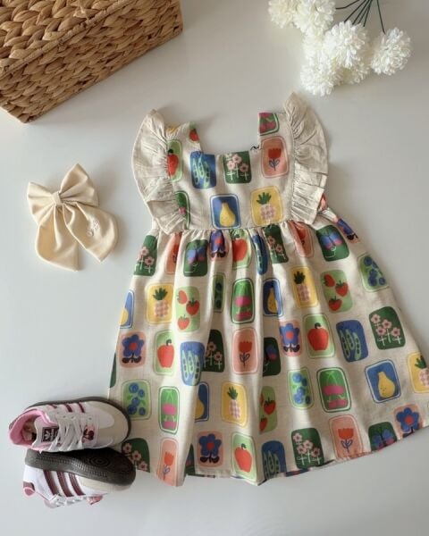 Asarkids Meyve Baskılı Arkası Fiyonk Pencereli Elbise - Krem