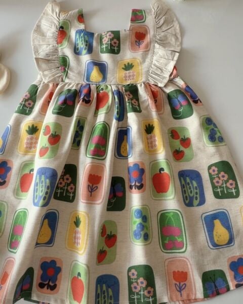 Asarkids Meyve Baskılı Arkası Fiyonk Pencereli Elbise - Krem