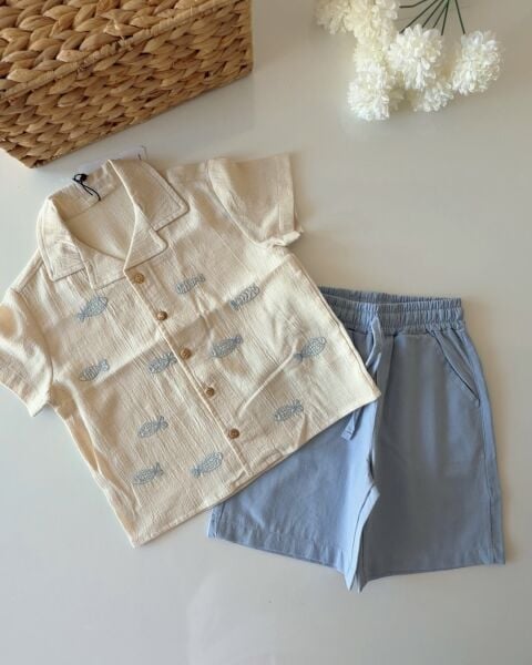 Asarkids Balık Nakışlı Tamamı Keten Gömlek 2'li Set - Mavi Krem