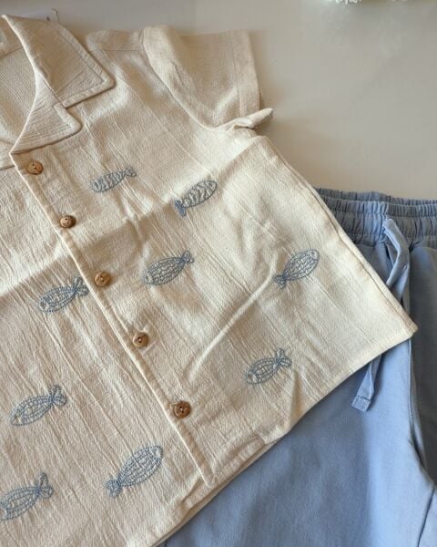 Asarkids Balık Nakışlı Tamamı Keten Gömlek 2'li Set - Mavi Krem