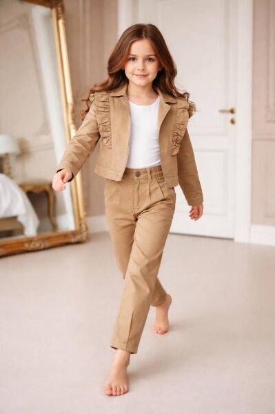 Asarkids Esnek Denim Fırfırlı 2'li Takım - Kahve