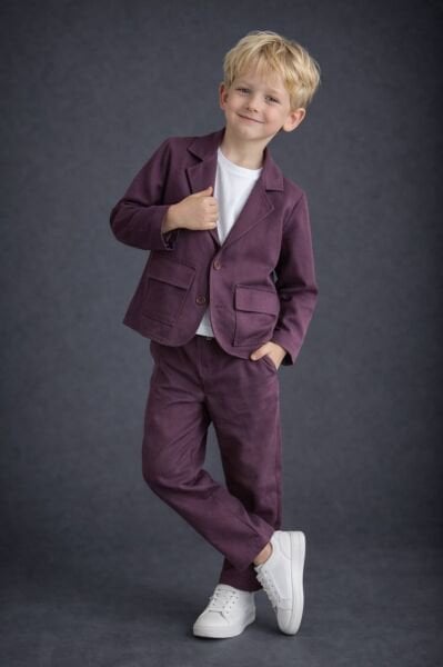 Keten Ceket ve  Pantolon 2'li Set - Mürdüm