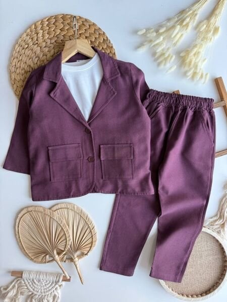 Keten Ceket ve  Pantolon 2'li Set - Mürdüm