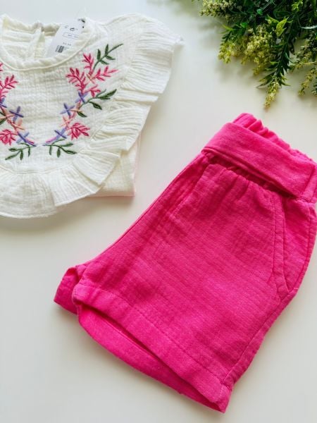 Çiçek Nakışlı Fiyonk Detaylı Şort Takım - Pembe