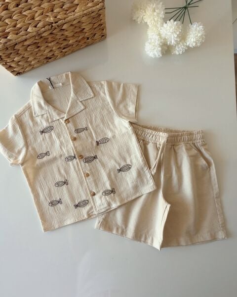 Asarkids Balık Nakışlı Tamamı Keten Gömlek 2'li Set - Kahve Krem