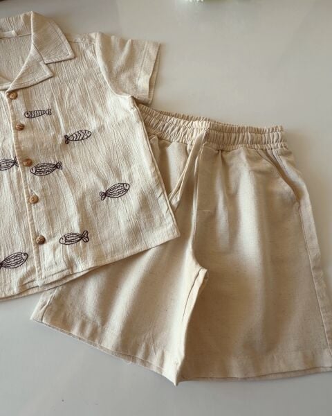 Asarkids Balık Nakışlı Tamamı Keten Gömlek 2'li Set - Kahve Krem