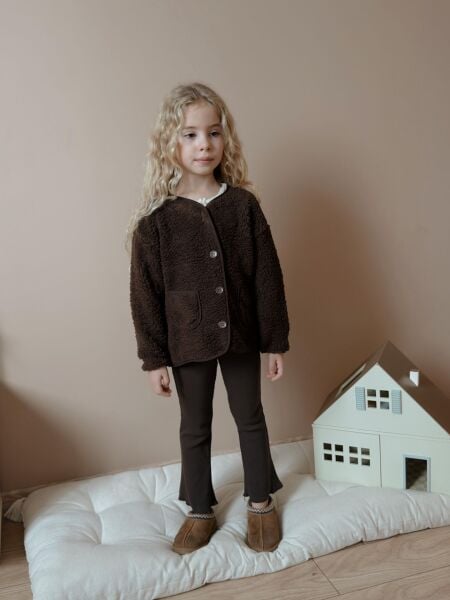 Peluş Polar Ceketli Taytlı Takım - Kahve Düz Kenar