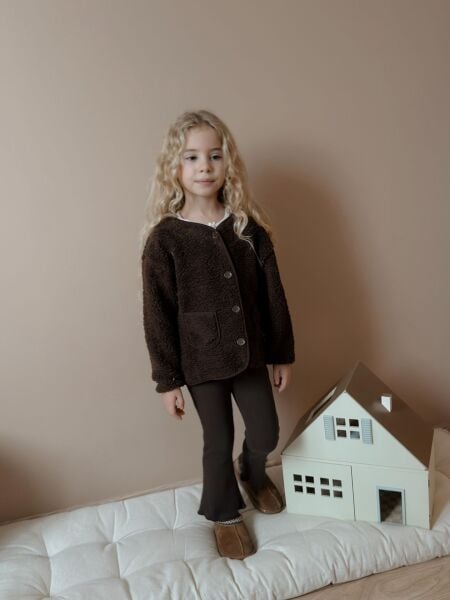 Peluş Polar Ceketli Taytlı Takım - Kahve Düz Kenar