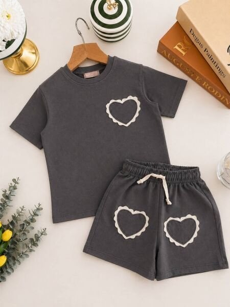 Asarkids Kalp Aplikeli Şortlu 2'li Takım - Füme