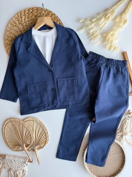 Keten Ceket ve  Pantolon 2'li Set - Lacivert