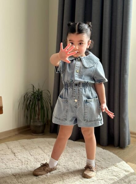 Taşlı Denim Duru Tulum - Mavi