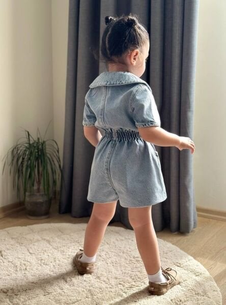 Taşlı Denim Duru Tulum - Mavi