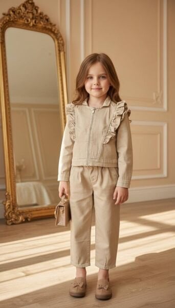 Asarkids Esnek Denim Fırfırlı 2'li Takım -Bej