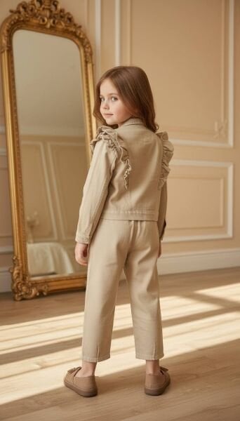 Asarkids Esnek Denim Fırfırlı 2'li Takım -Bej