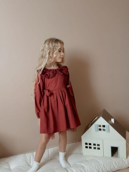 Keten Yakası Güllü Elbise - Bordo